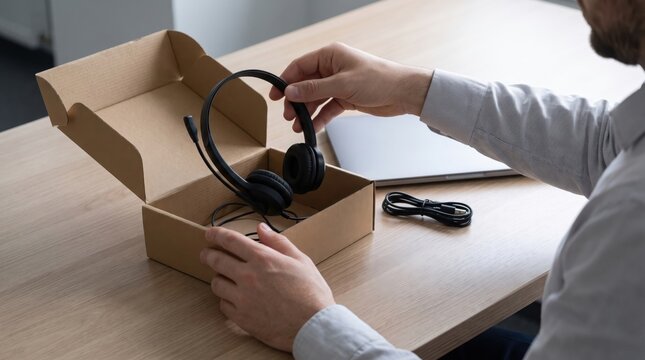 Tech Layoffs Impact concept. Person unpacking black headphones from cardboard box on wooden desk