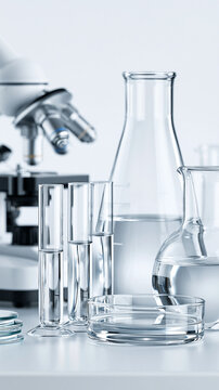 A biological lab bench filled with test tubes, beakers, and microscope slides, with room for copy space in the upper part of the image.