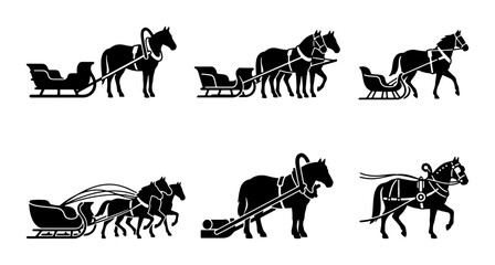 Naklejka premium Horse Drawn Sleigh Silhouettes, Winter Transport Vector Icons, Vintage Carriage Collection