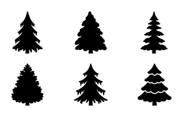 Obraz premium Six Black Silhouette Evergreen Trees, Pine Conifer Vector Icons, Forest Nature Elements