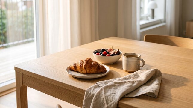 Fresh French croissant with berry bowl and coffee mug on wooden dining table in sunny room