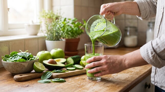 Hands pouring fresh green smoothie from blender glass into drinking cup in kitchen