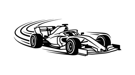 Fototapeta premium Dynamic black and white illustration of a Formula 1 race car speeding with motion lines, depicting high-speed motorsport action.