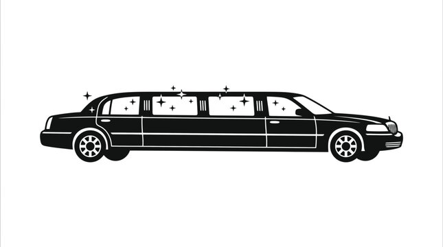 Sleek black stretch limousine with sparkling details on a clean white background, representing luxury transport.