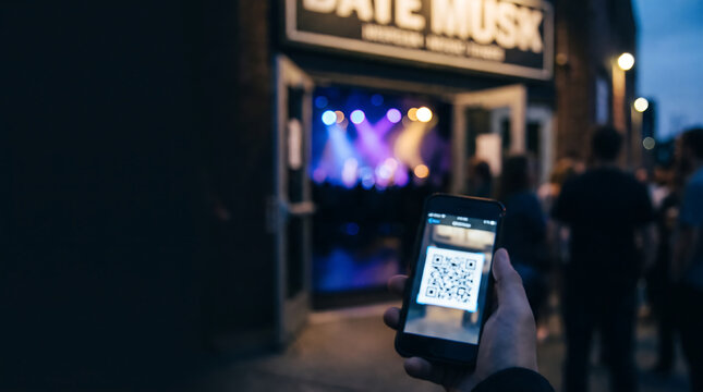 Hand holding a smartphone with a digital QR code ticket in front of an intentionally blurred music venue entrance for mobile ticketing solutions, digital admission, and event management.