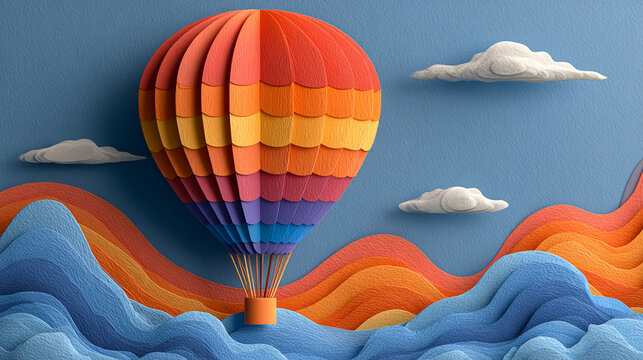 Hot air balloon drifts through a sky filled with paper clouds and colorful undulating landscape layers.