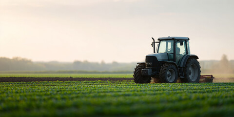 Fototapeta premium Tractor working on green farmland field