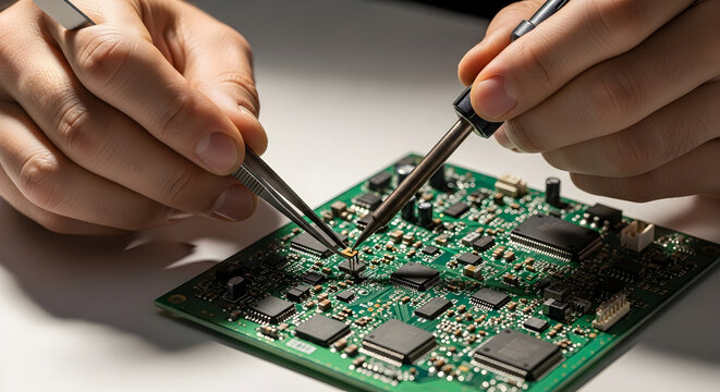 Hands Utilizing Precision Tools to Repair and Assemble electronic circuit board in a modern technology workspace