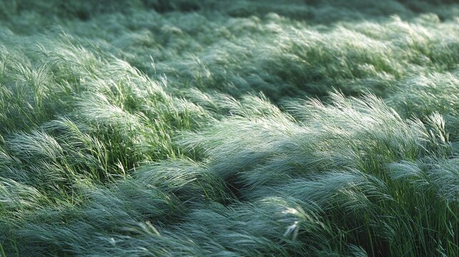 fescue. A dense meadow of silver-green fescue grass swaying in a gentle breeze, creating soft waves in sunlight. gardening catalogs, home-decor guides, designed for gardening and botanical catalogs.