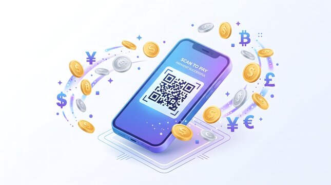 3D Smartphone Scan to Pay QR Code with Coins and Currency Symbols