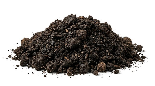 A heap of dark organic potting soil isolated on a white background.