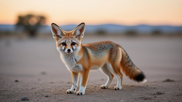 Cute Fennec Fox Standing on Desert Landscape at Sunset with Soft Warm Lighting and Distant Mountains