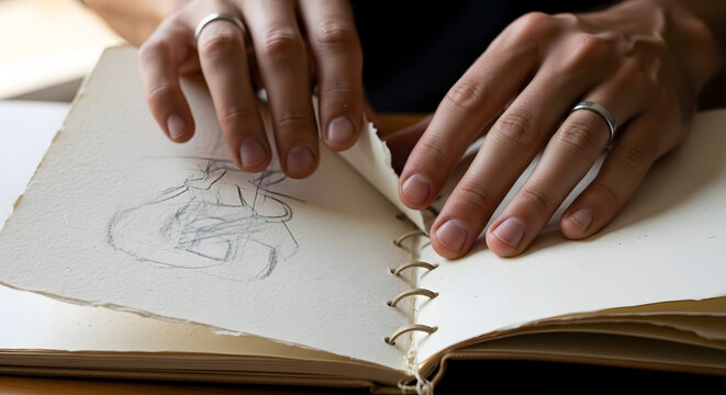 Hands Turning Pages of an Art Notebook While Sketching a Creative Illustration in a Warm and Inviting Workspace
