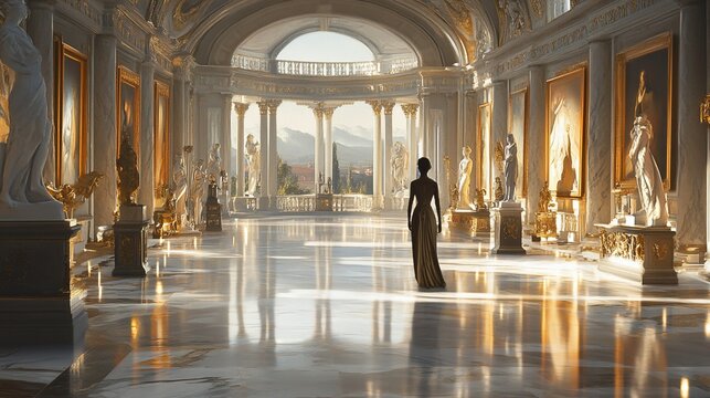 Sunlit classical gallery; woman in long gown stands amidst marble statues and paintings, overlooking scenic landscape