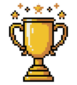 Pixel Art Trophy: A retro-style pixel art illustration of a golden trophy with stars, symbolizing victory and achievement, perfect for digital designs or retro-themed projects.