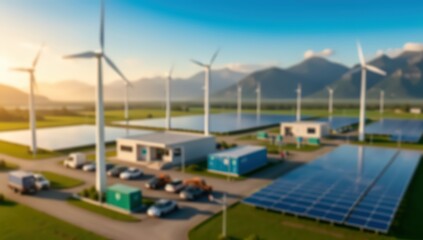 Fototapeta premium Renewable energy park solar panels wind turbines sustainable power plant green environment landscape clean technology future electricity mountain sunset