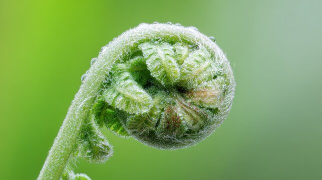 tightly. A tightly coiled silver fern frond with morning dew, macro detail, soft light. gardening catalogs, home-decor guides, designed for gardening and botanical catalogs, enhances decor appeal.