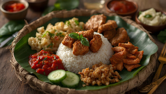 Delicious Indonesian Nasi Campur served on banana leaf, a traditional mixed rice dish with various side dishes, presented in a woven basket.