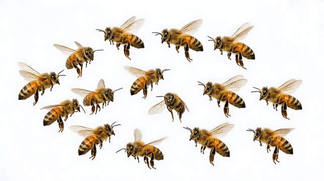 A swarm of honey bees flying on white background.