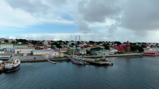 Aerial view of the harbour at Port Stanley