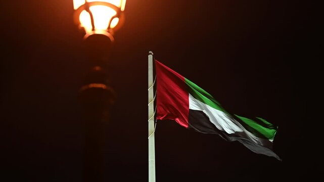 The United Arab Emirates flag waving proudly in the night sky.