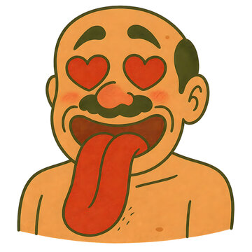 Funny Lovestruck Bald Man Emoji with Heart Eyes and Long Tongue Cartoon Illustration on White Background