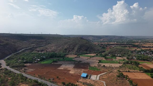 Aerial drone view of the Aravalli Hills and rural landscape in Nuh district, Haryana, India