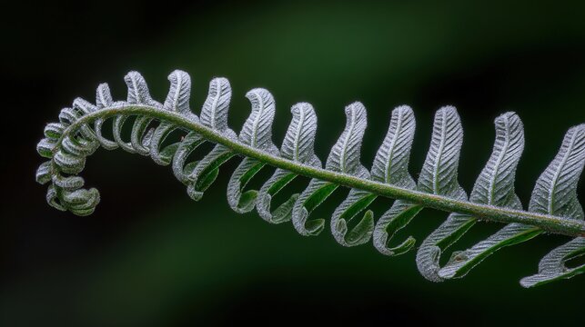 tightly. A tightly coiled silver fern frond with morning dew, macro detail, soft light. gardening catalogs, home-decor guides, designed for gardening and botanical catalogs, enhances decor appeal.