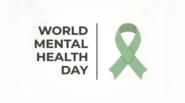 A minimalist graphic design featuring a light green awareness ribbon and the text world mental health day to promote psychological wellbeing and global mental support