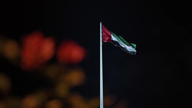 The UAE national flag proudly waving in the evening breeze.