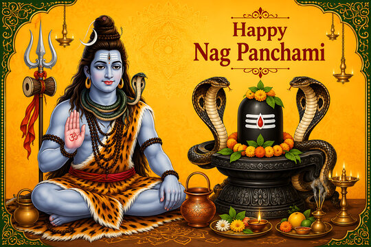 Nag panchami devotional artwork featuring mahadev seated beside decorated shiv lingam cobras trident lamps flowers offerings and ornate golden festival