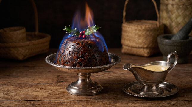 Flambeed British Christmas Pudding Served with Warm Custard