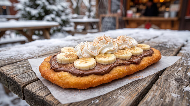 Fried BeaverTails Pastry Topped with Chocolate and Bananas