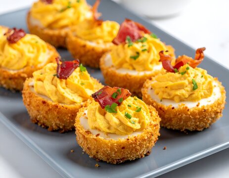 Close-up of deviled eggs with fried coating, bacon, and chives, on a gray plate