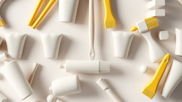 Minimalist composition. White, yellow objects scattered. Clean aesthetic, flat lay, studio lighting. Focus on texture, form, simplicity.