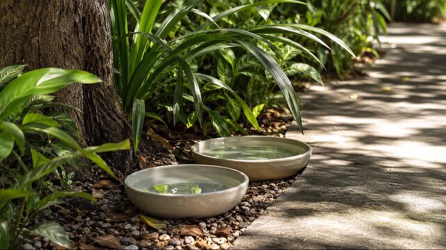 Shaded urban wildlife water station with ceramic bowls beside native plants, heat adaptation and biodiversity support