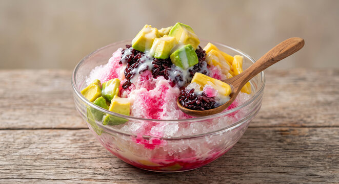 Mixed Fruit Shaved Ice Dessert with Avocado and Pink Syrup