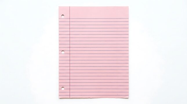 Blank pink lined notebook paper sheet on white background.