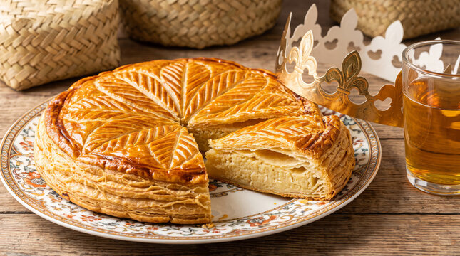 French Galette des Rois King Cake Served with Apple Cider