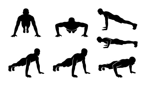 Fitness Silhouette Set: Diverse Push-Up Poses, Male Figures, Workout Icons, Exercise Graphics