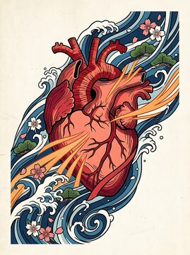 Anatomical human heart with traditional japanese waves and blossoms
