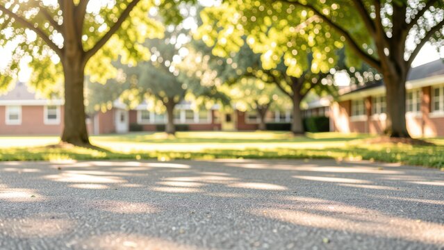 sun drenched empty schoolyard asphalt with dappled light and bokeh background ideal for education marketing copy space