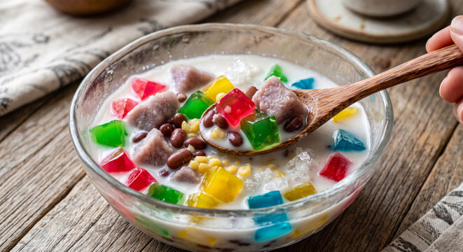 Asian Coconut Milk Dessert Bowl with Colorful Jelly and Beans
