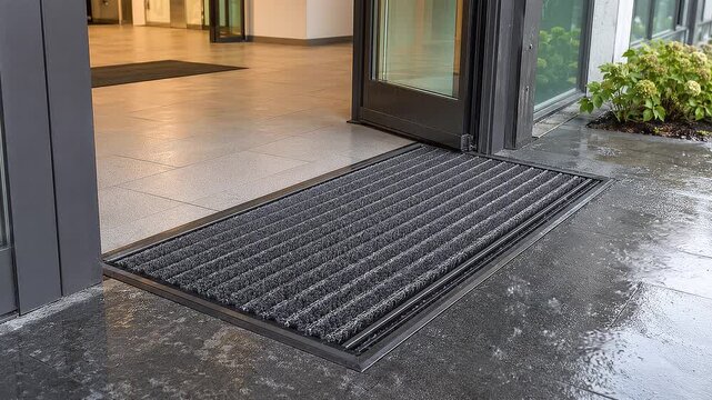 Recessed washable wheel cleaning mat with brushes at accessible building entrance, inclusive facility maintenance and slip prevention