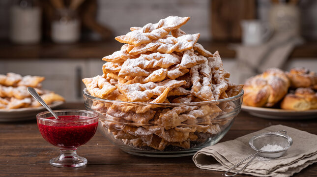 Crispy Polish Angel Wings Pastries with Raspberry Sauce