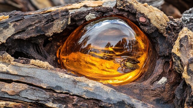copal. Golden amber copal resin trapped in tree bark containing a preserved insect. gardening catalogs, home-decor guides, designed for home decor and floral branding, used by nutritionists.