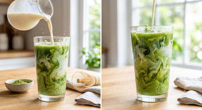 Oat Milk Swirling into Green Matcha Tea Action Shot