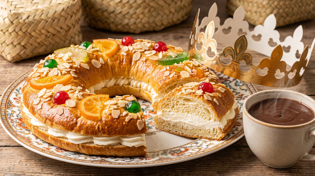 Spanish Roscon de Reyes Ring Bread with Thick Hot Chocolate