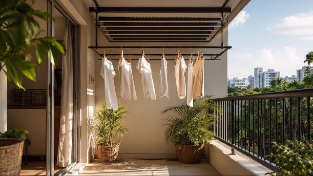 Compact balcony drying rack designed for natural cross ventilation, low energy laundry and tropical urban living