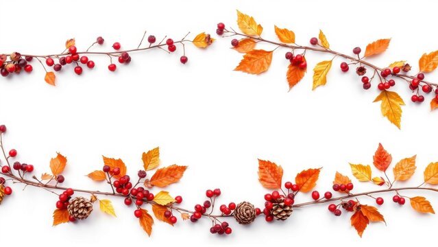 Autumn garland with red berries, orange leaves, pinecones. Festive decoration isolated on white background. Seasonal arrangement.